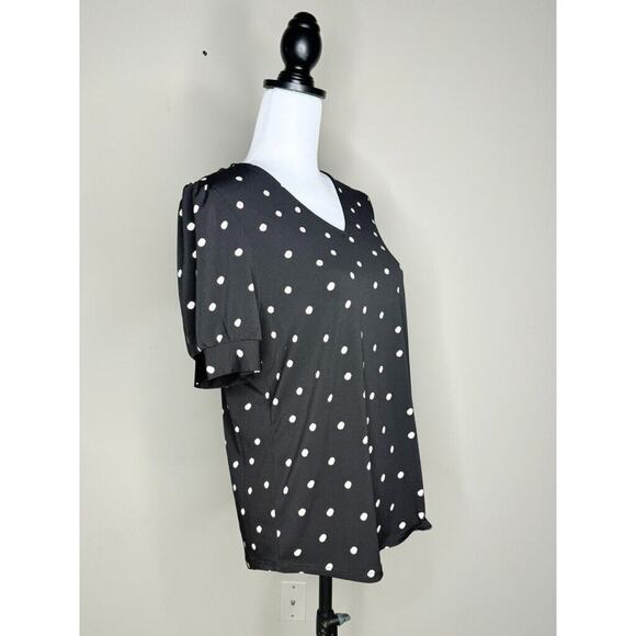 Adrianna Papell Black White Polka Dot Plus Size Medium Top Short Sleeve V Neck - Picture 3 of 6